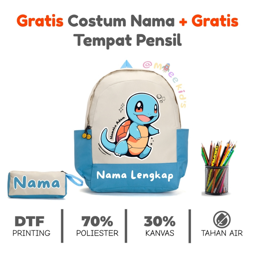 Mieekids Tas Sekolah Custom Unisex FREE Custom Nama Karakter - Karakter Pokemon Squirtle