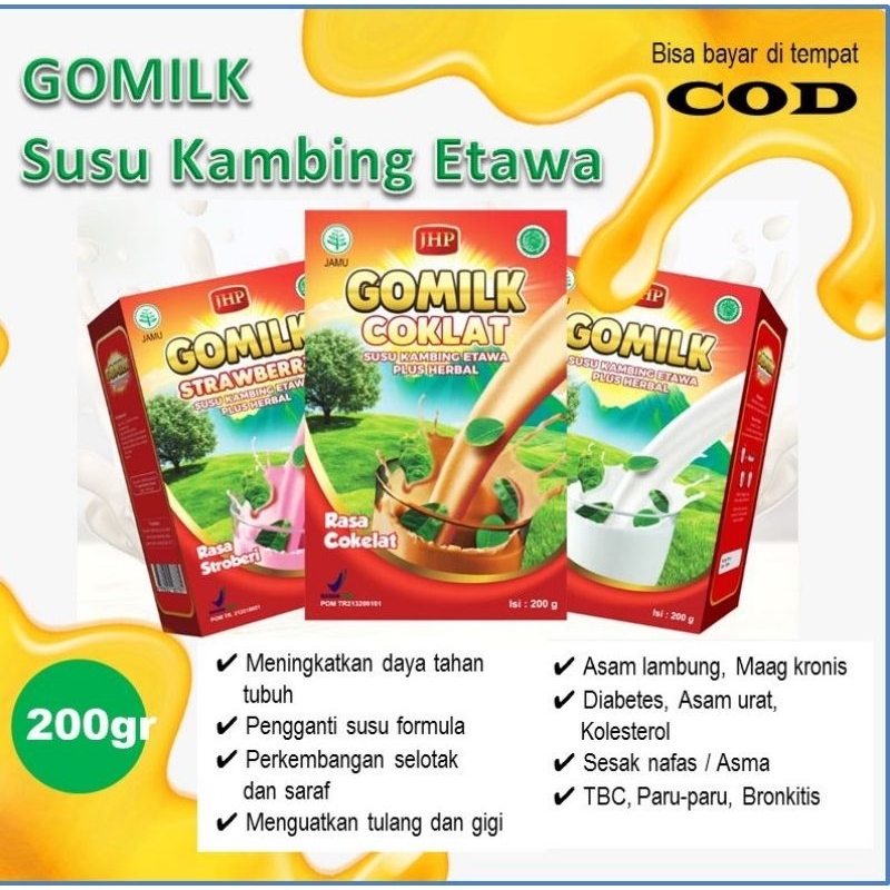 

[BISA COD] [Bonus Jahe 20gr] GOMILK Susu kambing etawa plus herbal isi 200 gram rasa strawberry, coklat, originalnya