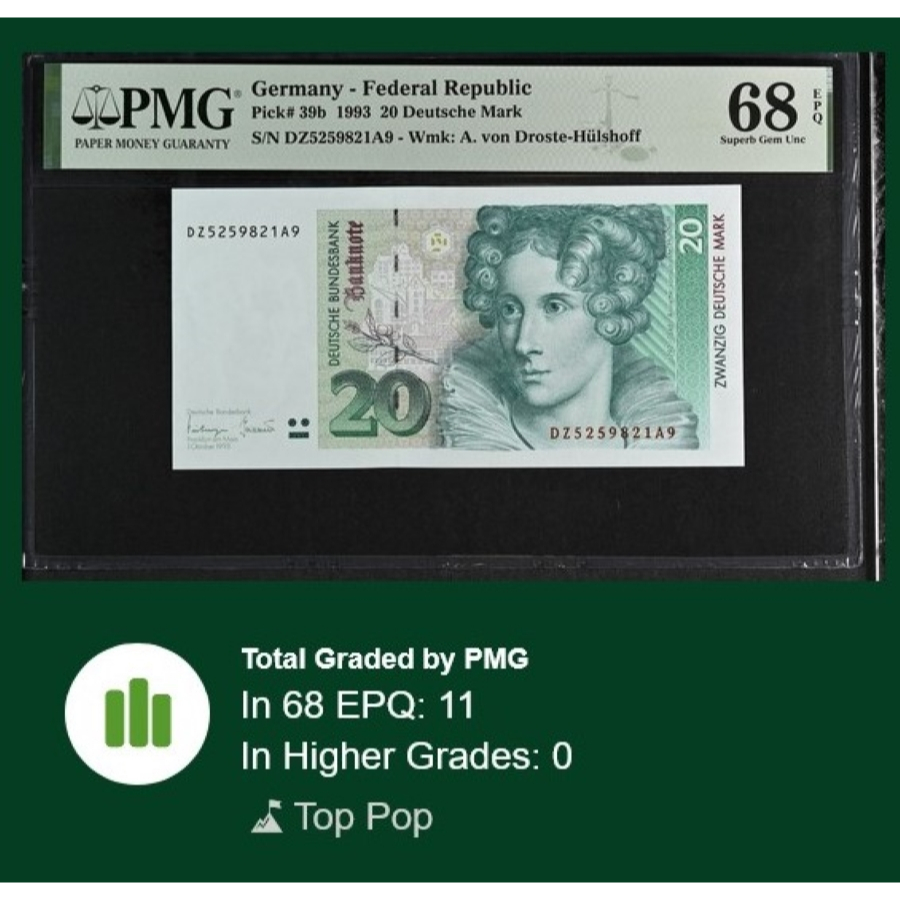 Uang Germany 20 Jerman 20 Duetsche Mark , 1993 , PMG 68 EPQ TOP POP , Superb Gem UNC P# 39b