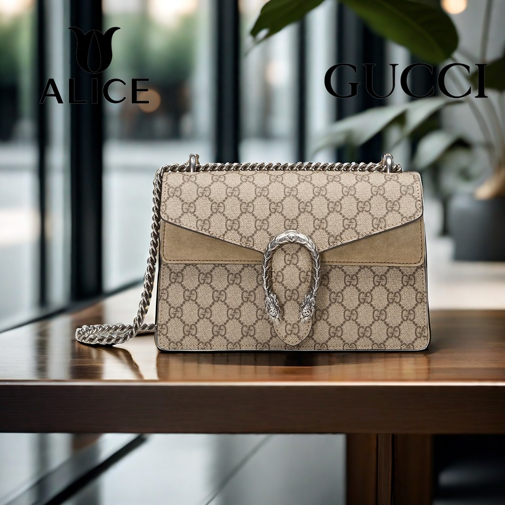 100% original GUCCI Dionysus Tas tangan super mini berbahan kanvas seri Dionysus GG Supreme Tas bahu