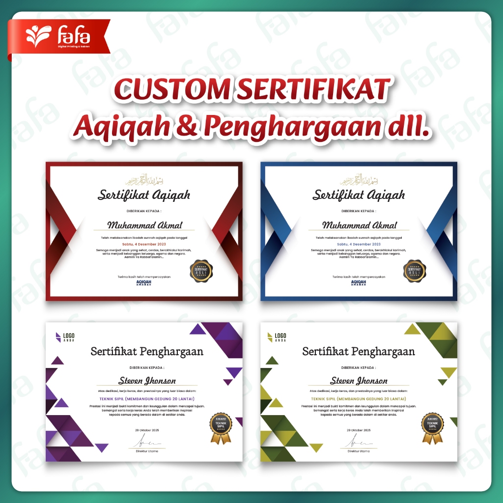 

Cetak Sertifikat/Piagam Penghargaan Aqiqah Penghargaan Seminar dll (FREE DESIGN & CUTOM DESIGN)