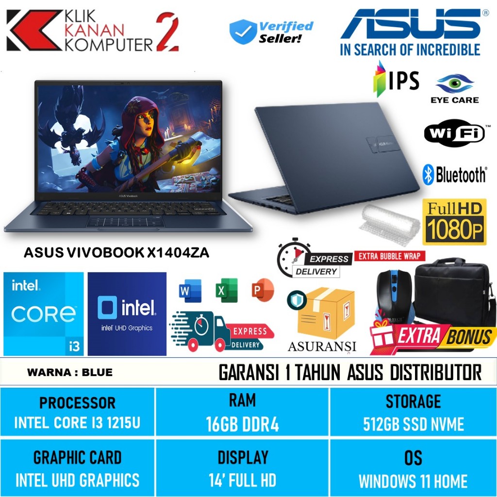 Terbaru Laptop Asus Vivobook 14 X1404ZA Intel Core I3 1215U 16GB 512GB 14 Inch Full HD Windows 11 Ho