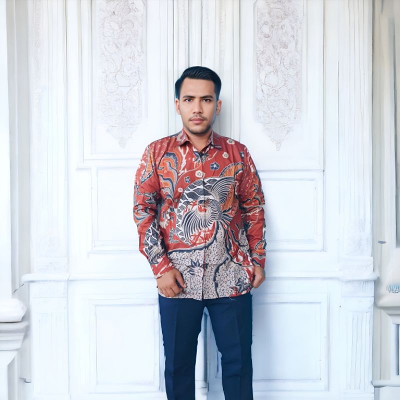 Fatih Batik Medan - Batik Pria Lengan Panjang Coklat Bata KM4834 Seragam Batik Cowok Pesta Pernikaha