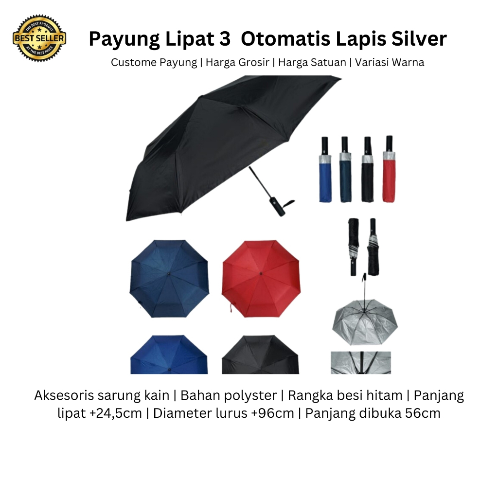 GROSIR PAYUNG / Custom Payung Lipat 3 Otomatis Lapis Silver Sablon 1 Warna