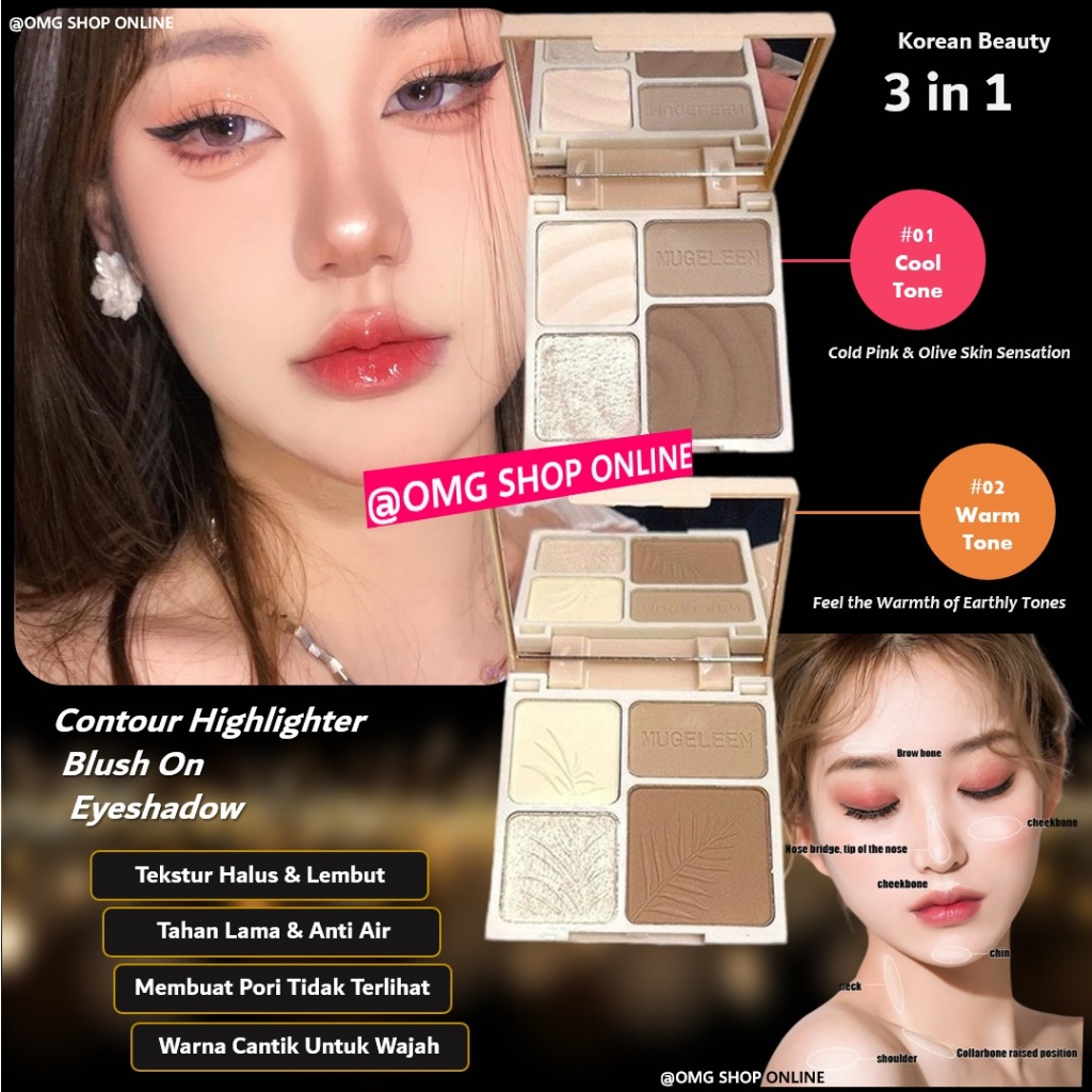 TERMURAH  3 in 1 Eyeshadow Highlighter Blush On Contour Hidung dan Wajah Muge Leen 4 Color / Eyeshad