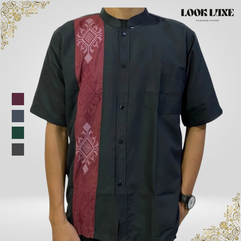 Baju Muslim Koko Pria Dewasa Aplikasi Lengan Pendek Bahan Premium Bordir Terlaris Lebaran 2024