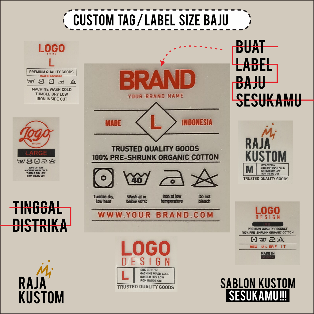 Custom Tag size label baju DTF merek logo sendiri, termurah tinggal dipress mengggunaka strika