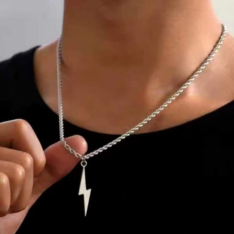 Kalung Titanium Tambang Silver Liontin Petir