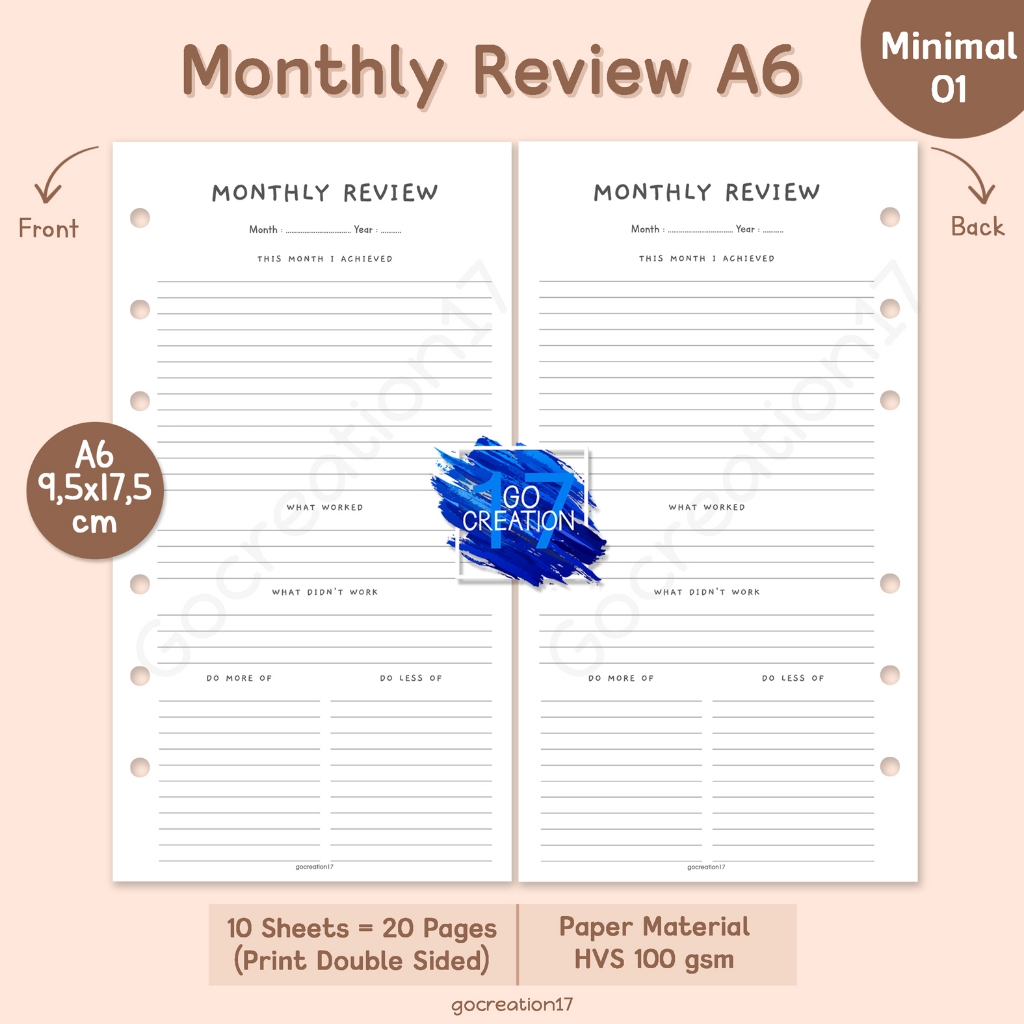 

Buku Planner Refill Kertas Isi Binder Monthly Review Simple Minimalis A6