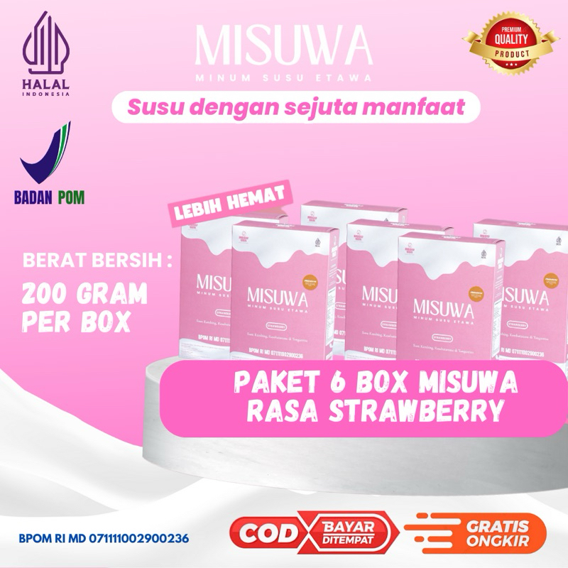 

PAKET 6 BOX MISUWA STROBERY - Susu Kambing Etawa Rasa Stroberi untuk Kesehatan Tulang, Sendi, Otot, Pegal Linu dan untuk menyembuhkan segala permasalahan pernapasan (Asma,Paru-paru,Flek, dll)
