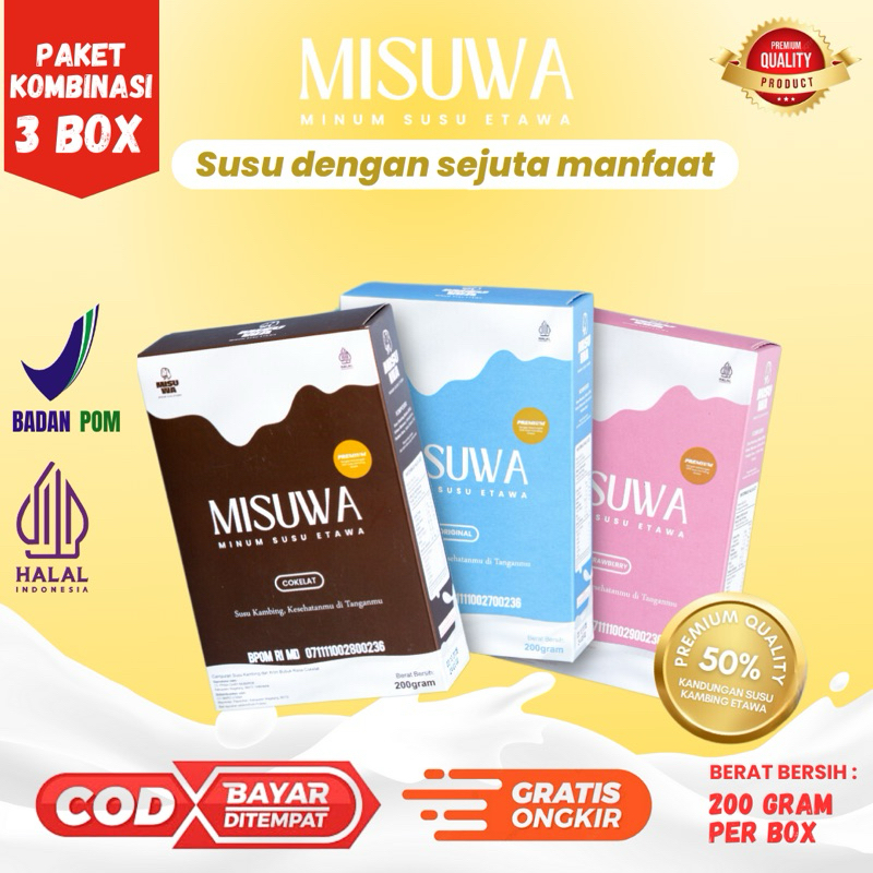 

PAKET 3 BOX MISUWA RASA STROBERI, COKLAT & ORIGINAL - Susu Kambing Etawa Rasa STROBERY, COKELAT & ORIGINAL untuk Kesehatan Tulang, Sendi, Otot, Pegal Linu dan untuk menyembuhkan segala permasalahan pernapasan (Asma,Paru-paru,Flek, dll)