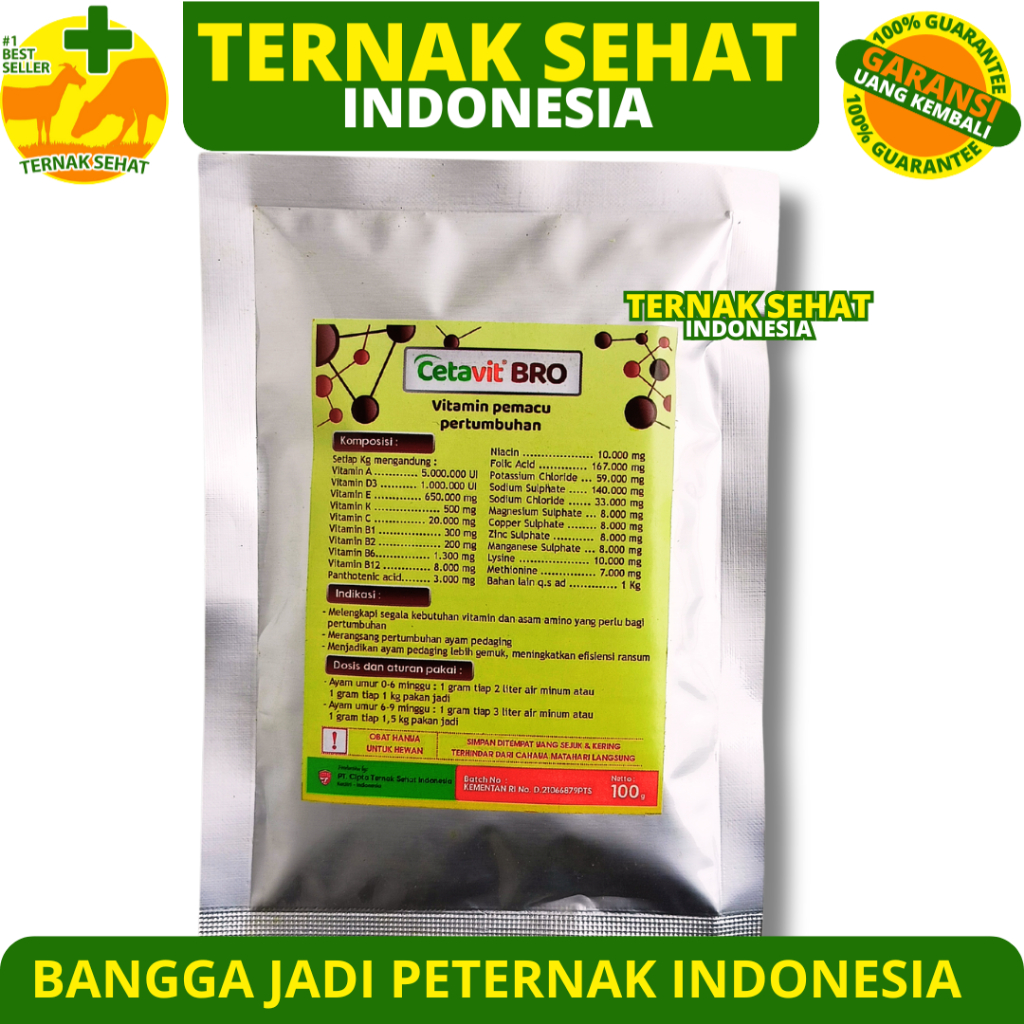 CETAVIT BRO 100 GRAM - Vitamin Pemacu Pertumbuhan Ayam Broiler Pedaging - Vitamin Penggemuk Ayam Bro