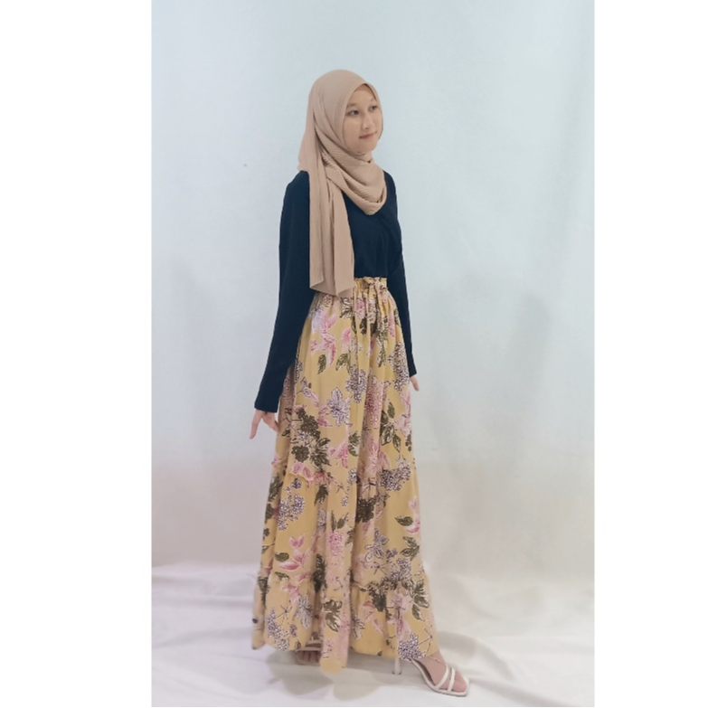 Rok panjang elegan simple motif bunga korean look warna kuning
