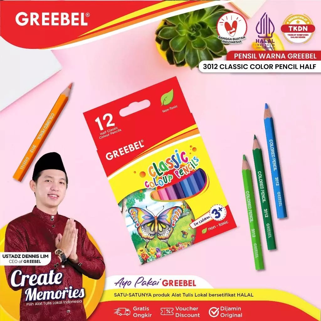 

GREEBEL Pensil Warna (3012 Half) Classic Color Pencils 12 Warna / Coloring / Pencil warna Grebel / Pensil warna Aman untuk Anak
