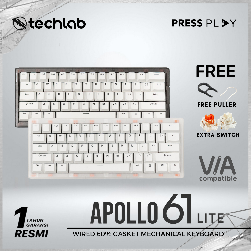 Press Play APOLLO61 Lite 60% Wired Mechanical Keyboard - Smokey Black/Clear White