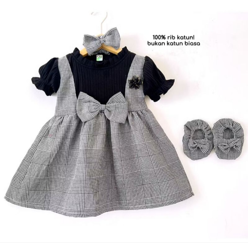 Darling Dress Set Dress Bayi 3 In 1/Baju Bandana Sepatu Lucu/Fashion Baju Anak Bayi/Baju Pergi Anak 