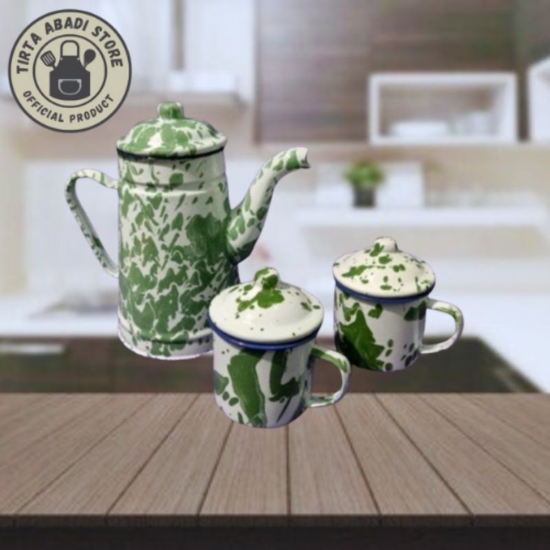 Set 3 Teko Mug 8cm Blurik / Eskan Tradisional Motif Lurik Hijau / Teko + Mug Gelas Blirik