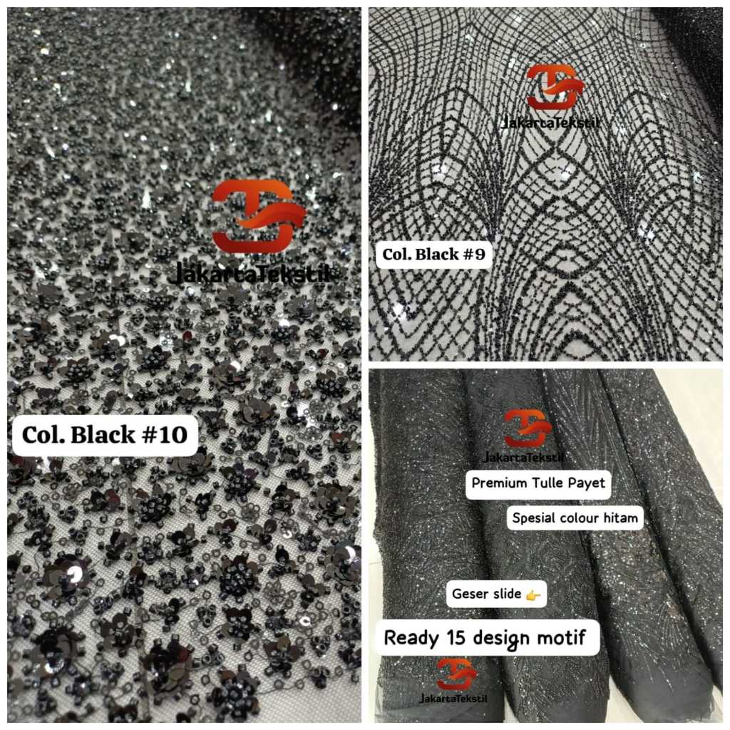 [ 157 ] Tule Payet Hitam - Kebaya kain tile payet full elisab bordir hitam