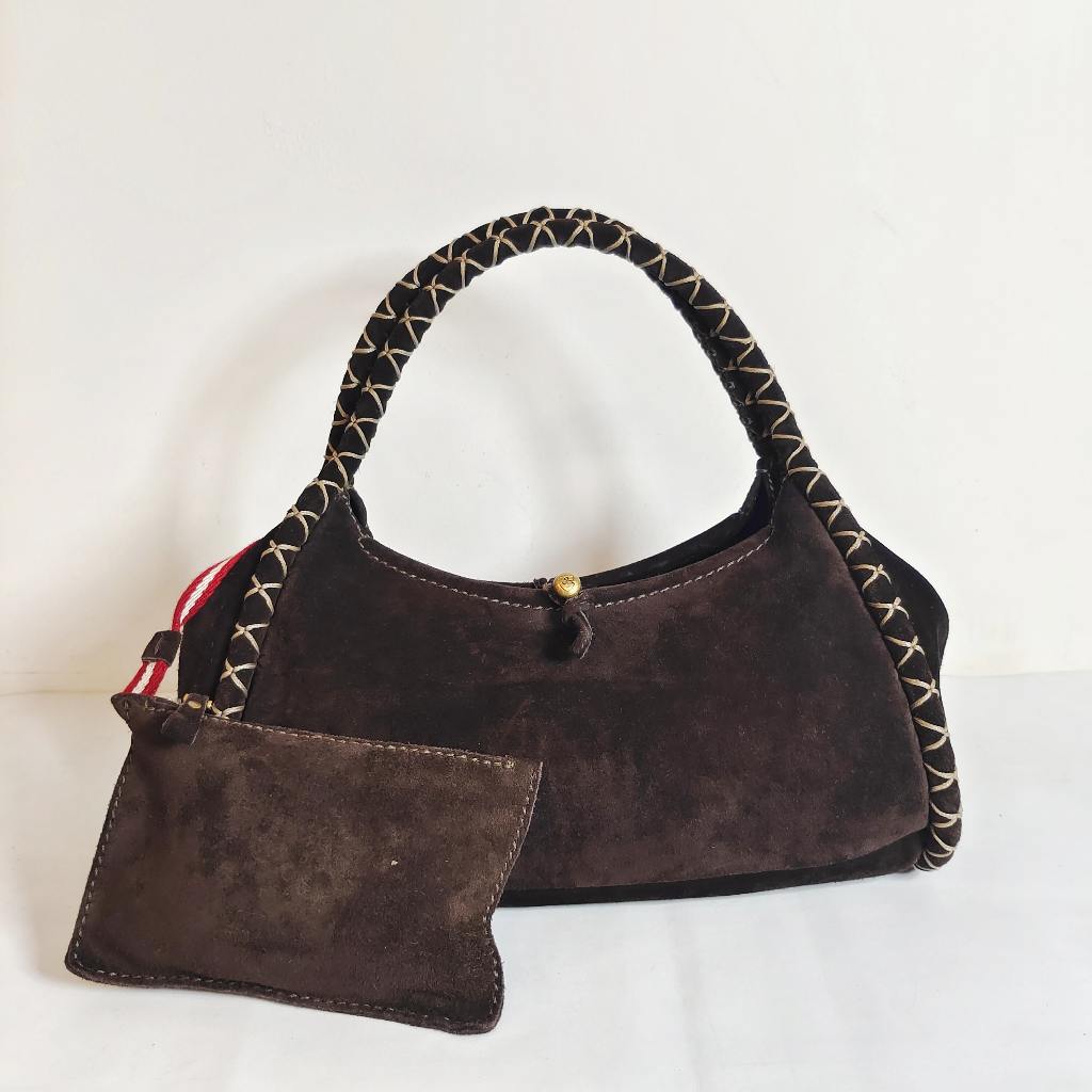 Bally Vintage Suede Hobo Brown Hand Bag Preloved Original