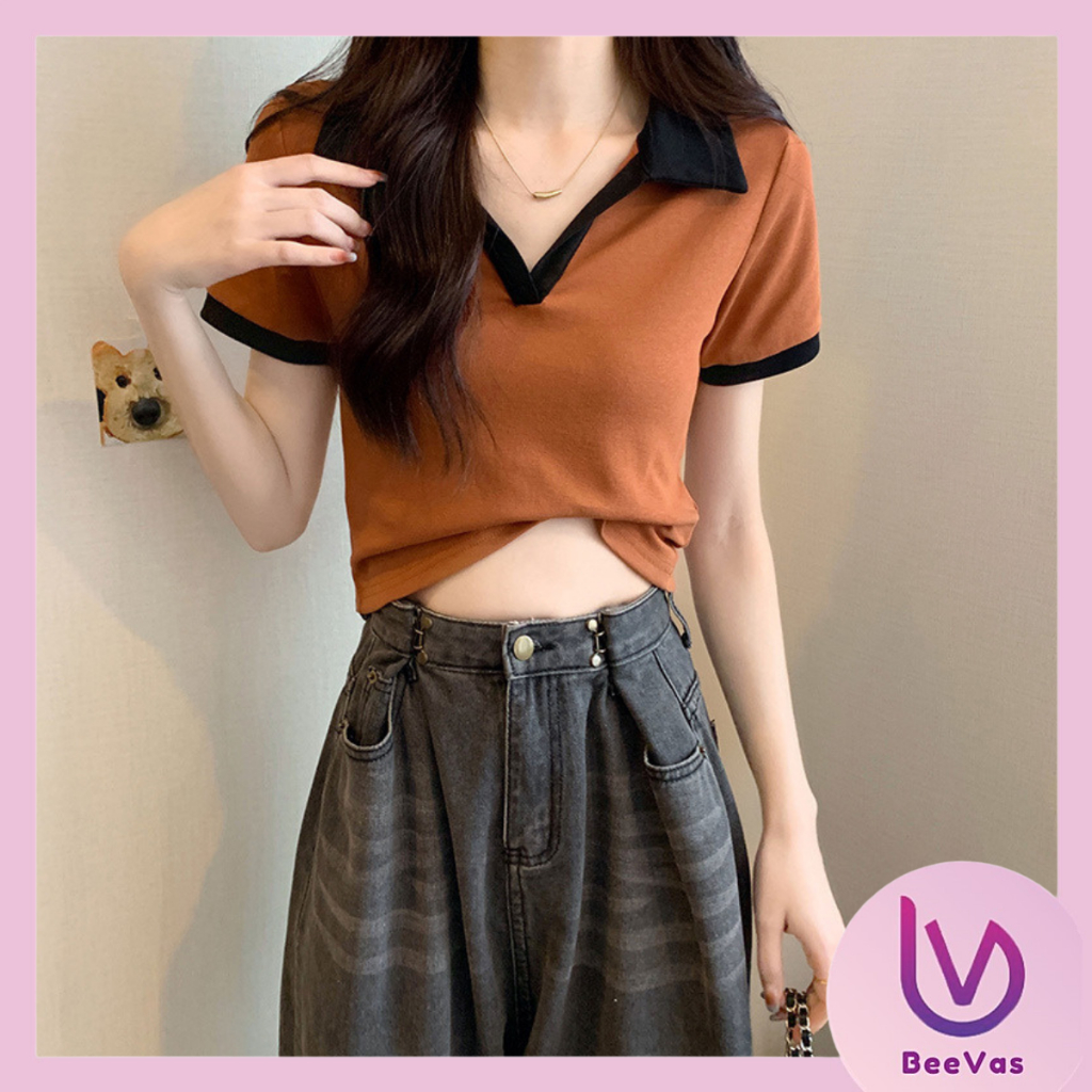 BV.ID BJ1245 Tshirt Baju Atasan Wanita Lengan Pendek Kaos Model Kerah V CropTop Fashion korean