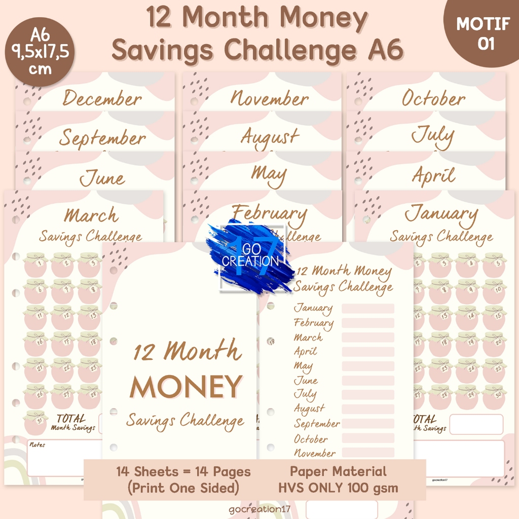 

Buku Refill Kertas Binder Tantangan Nabung Kalender 12 Month Saving Challenge Motif A6