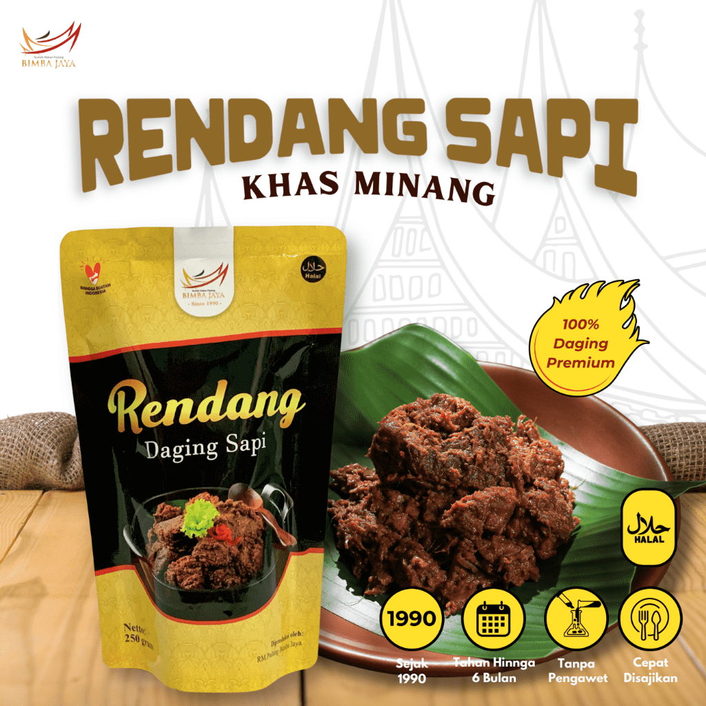 

BIMBA JAYA Rendang Daging Sapi Minang Instan Siap Saji Asli Padang Tahan Lama Kemasan Sachet 300 gr