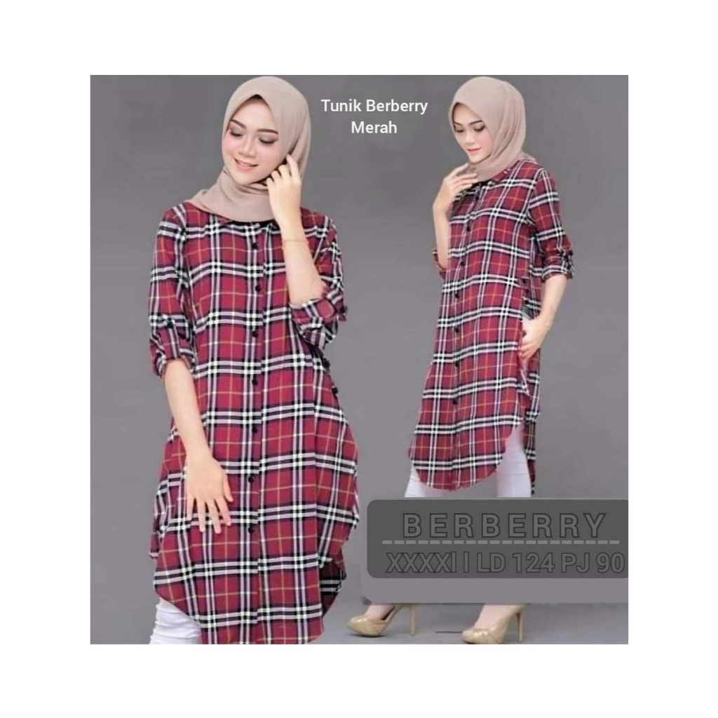 TUNIK WANITA KEMEJA MOTIF KOTAK-KOTAK BERBERRY JUMBO XXXL XXL XL L M  / ATASAN WANITA LENGAN PANJANG