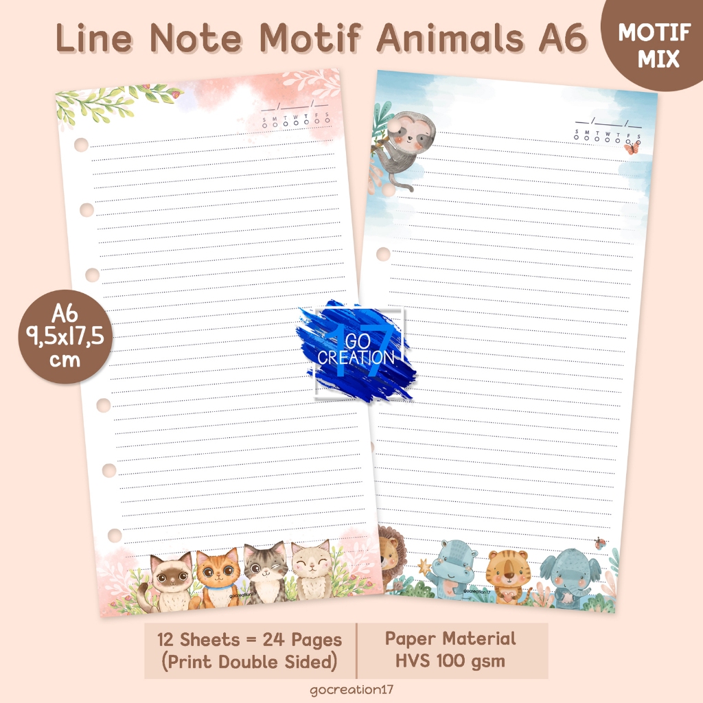 

Buku Planner Refill Kertas Binder Line Note Garis Animals Motif Premium A6