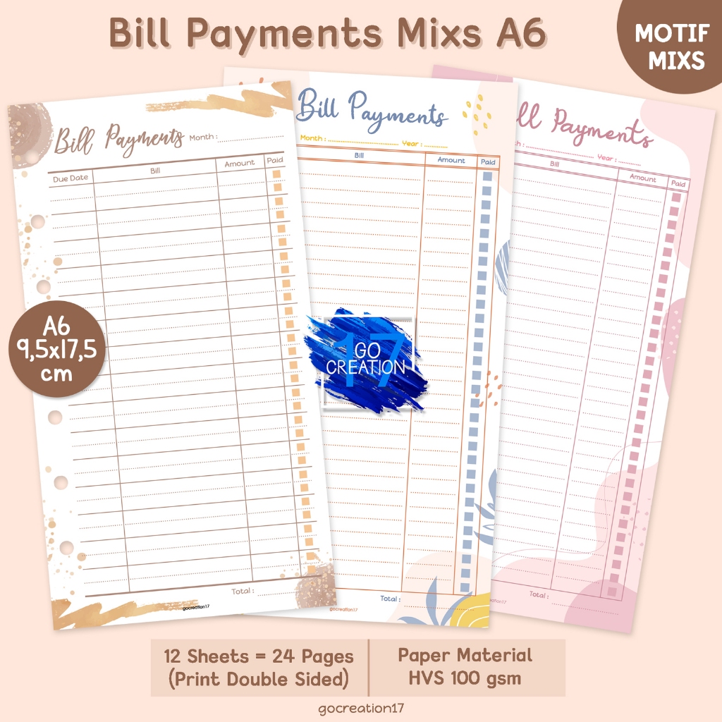 

Buku Planner Refill Kertas Binder Bill Payment Catatan Tagihan Motif Premium A6