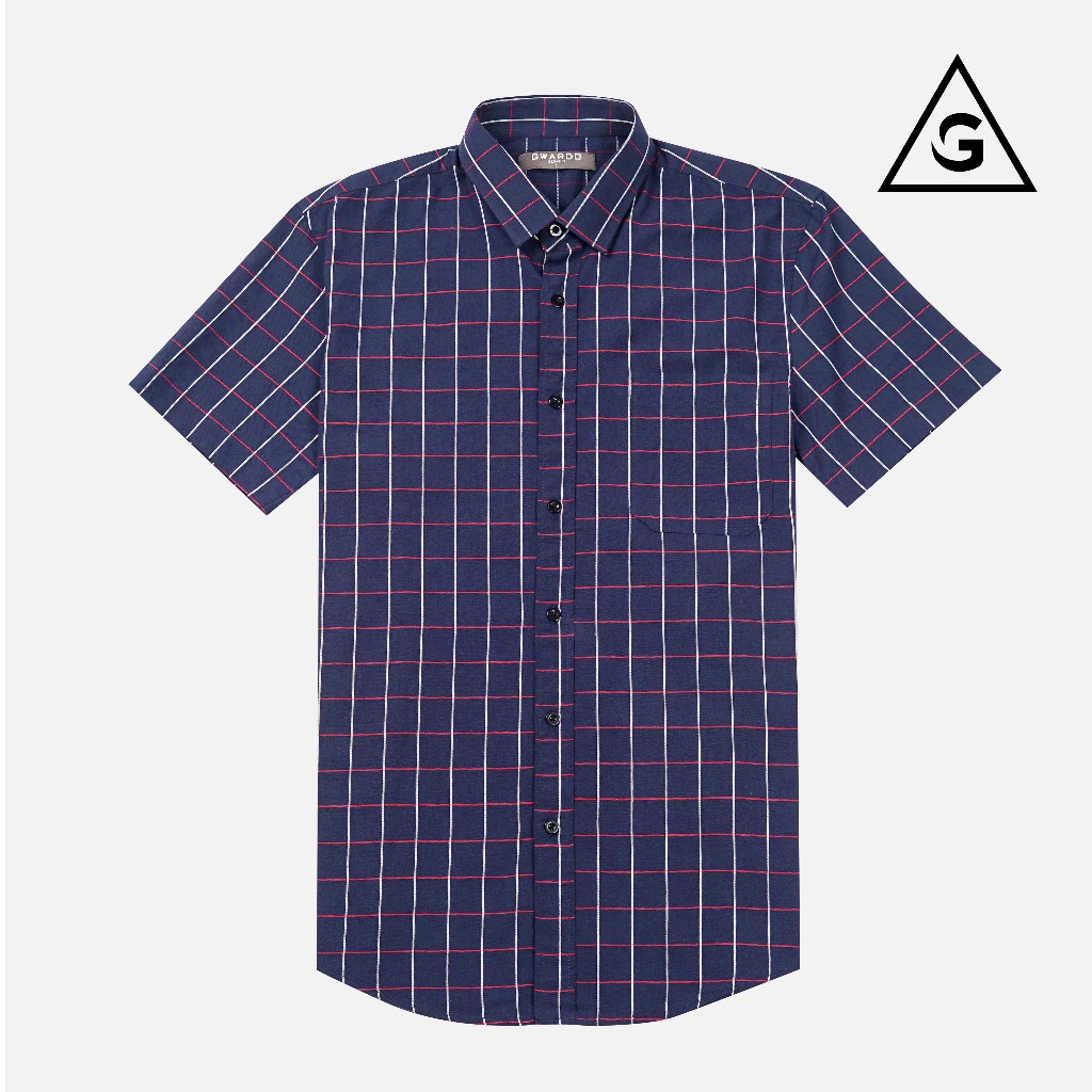 GWARDO Kemeja KOTAK NAVY Pria Slimfit Lengan Pendek Dan Panjang N16