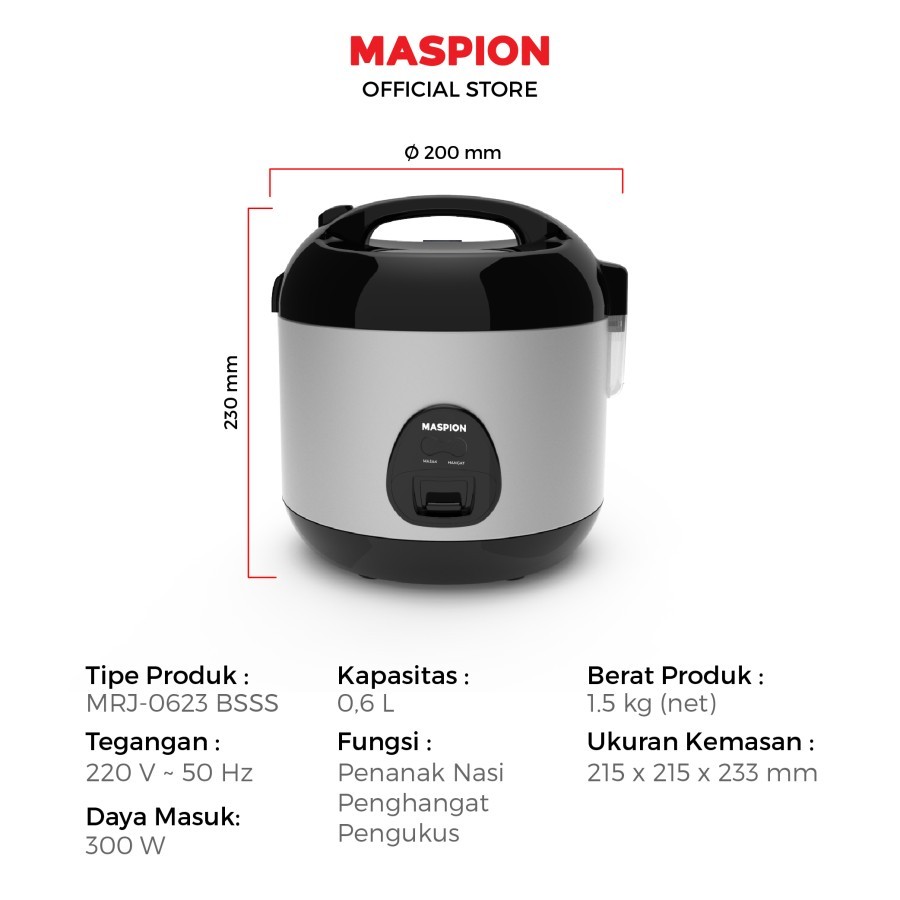Maspion Rice Cooker Magic Com 0.6 Liter MRJ-0623 BSSSN SUS304