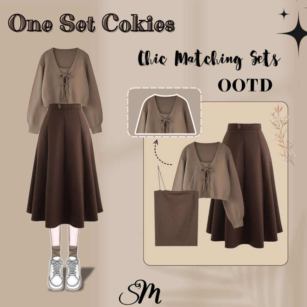 One Set Cokies OOTD 3in1 Cardigan Folia Khaki Tanktop Mokka Rok Coklat