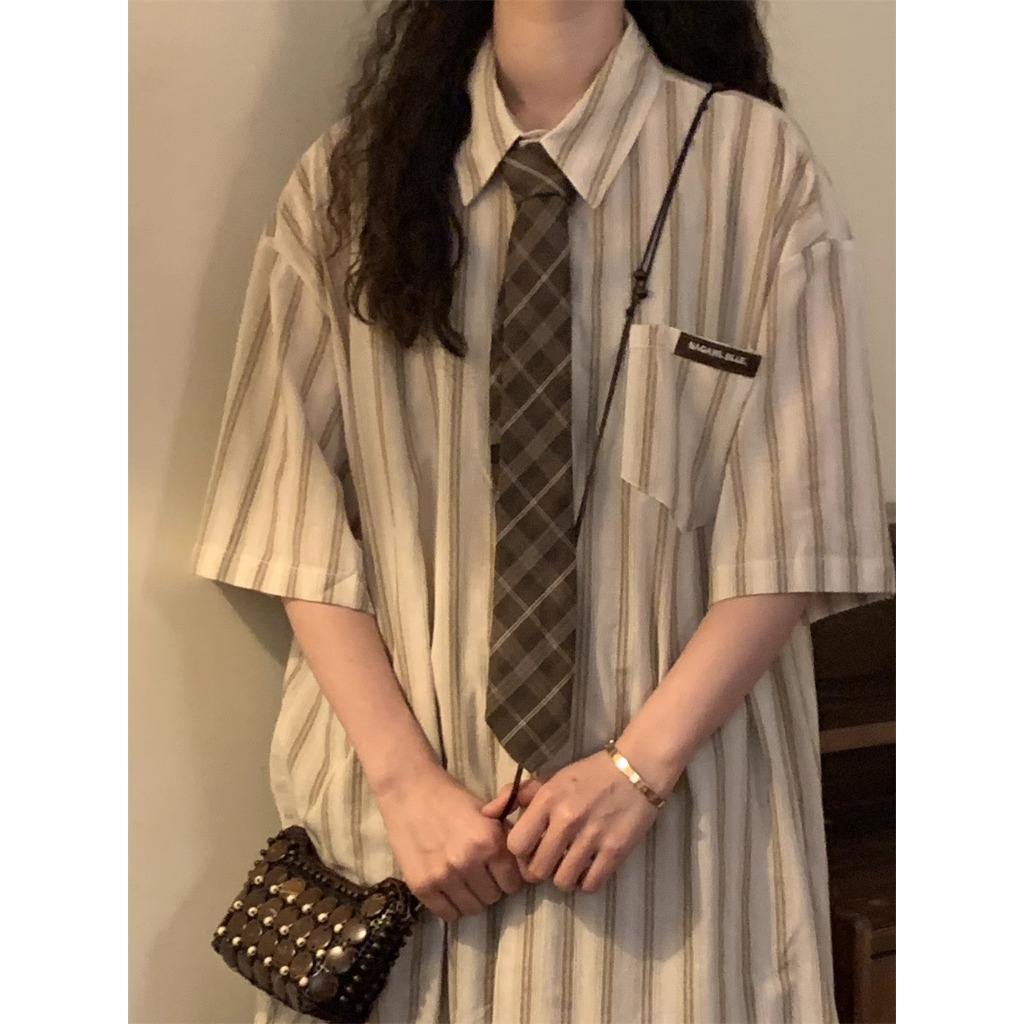 Korean Kemeja Wanita Gaya Kuliah Oversize Shirt Kemeja Polos Atasan Kerja Lengan Pendek (mengikat)