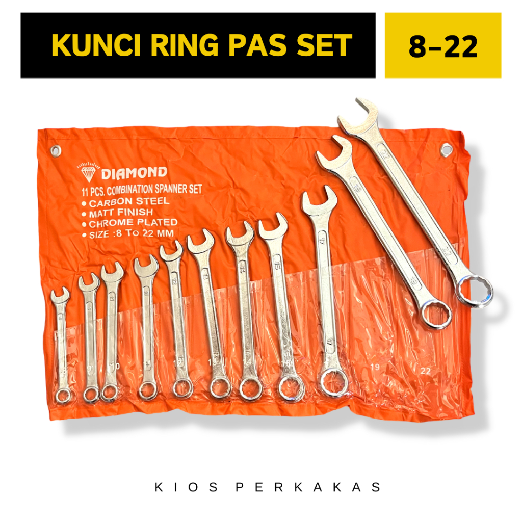 Kunci Ring Pas Ring Set Diamond 8-22mm 11pcs Japan Quality Lengkap Komplit