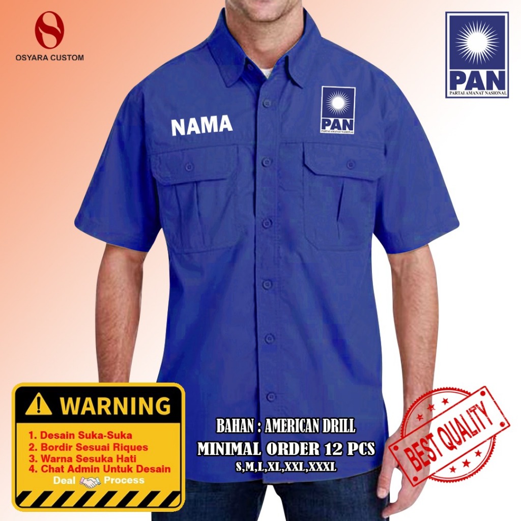 Kemeja Partai PAN (Partai Amanat Nasional) / Kemeja PDL Partai PAN Custom Bordir / Kemeja Lapangan P