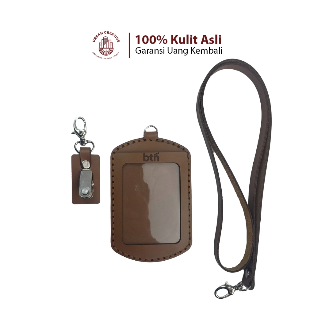 

URBAN CREATIVE Name Tag ID Card Holder Lanyard Kulit Sapi Asli Free Custom Desain & Gravir NT3O