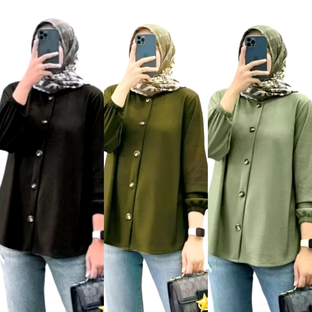 Baju Atasan Kemeja Outfit Long Sleeve Kerah Kancing Depan Jumbo Basic Wanita Perempuan Cewek Dewasa 