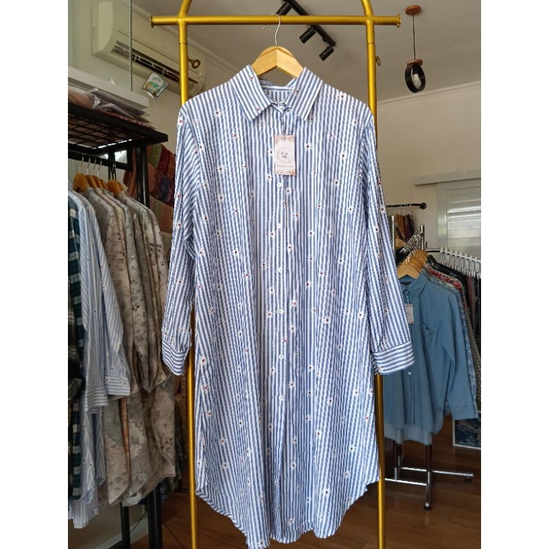 Long tunik katun premium motif salur bunga kekinian [DAISY LONG TUNIK]