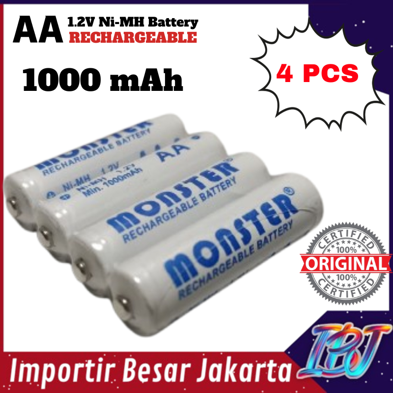 Baterai AA Monster 1000mAh Isi 4 Cas Rechargeable ORIGINAL A2 Besar Mobil Remote Mobil Remot Charger