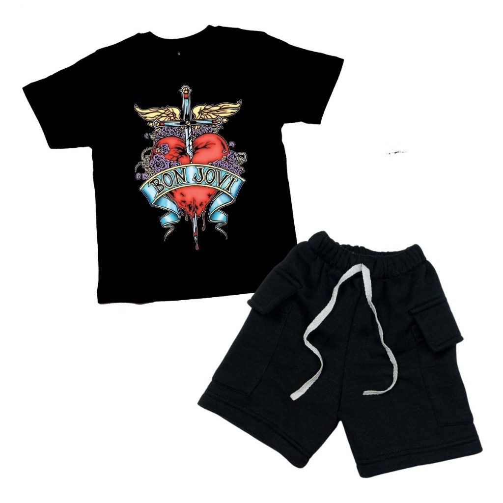 SETELAN ANAK TSHIRT BON JOVI CELANA CARGO USIA 1 2 3 4 5 6 TAHUN