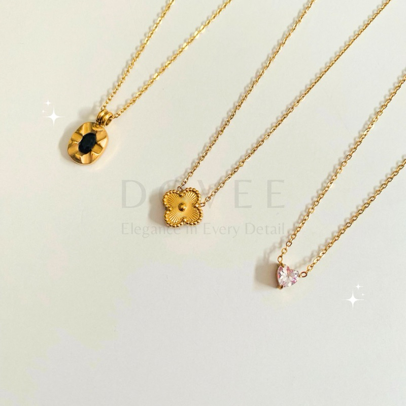 TITANIUM Clover Heart Black Necklace | kalung permata love hati clover batu hitam simple gold - stai