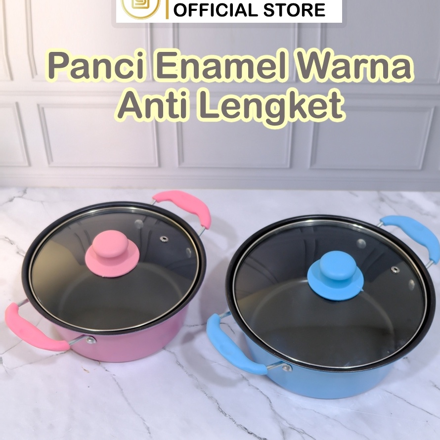 FG2 TEXANIA Panci Enamel Warna Anti lengket Tutup kaca  Panci kuah Sup