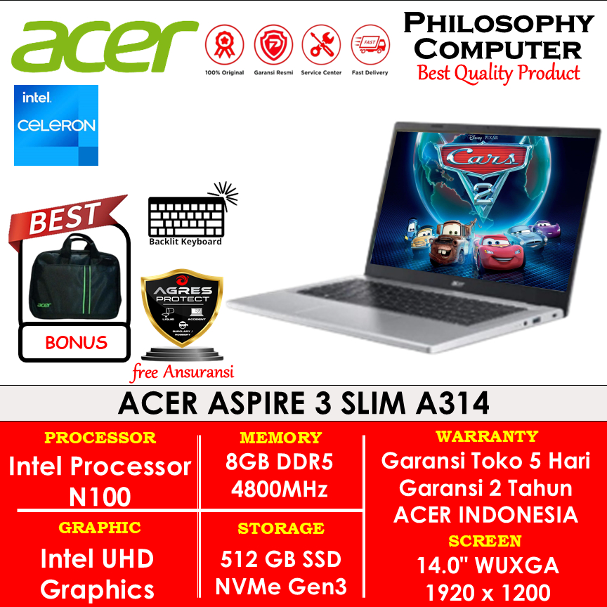 Laptop Acer Aspire Lite AL14-31P - Intel N100 RAM 8GB 512GB SSD 14.0 Inci