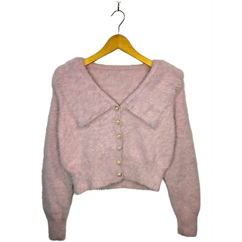 Cardigan Anggora Kerah Besar Pink