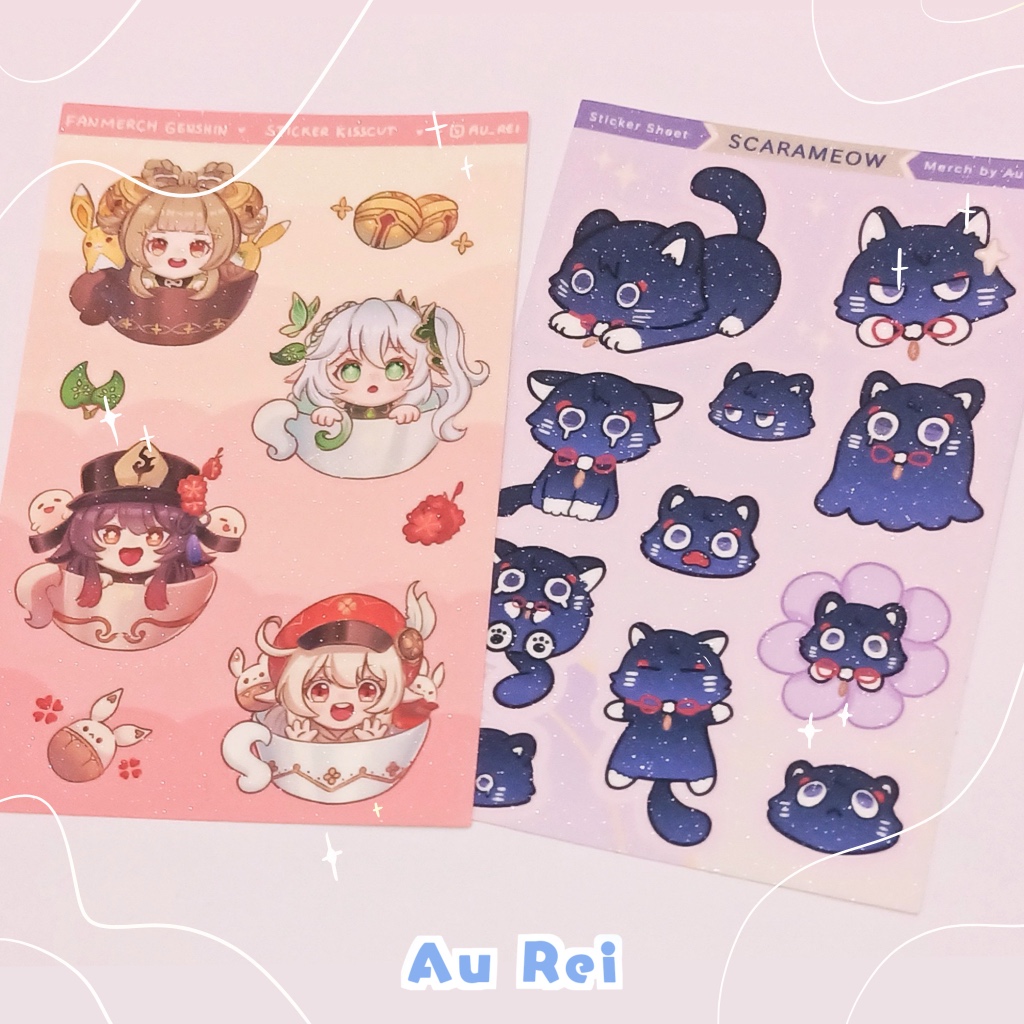 

genshin sticker sheets | scarameow & genshin cup | yao yao nahida hutao klee scara | by au rei