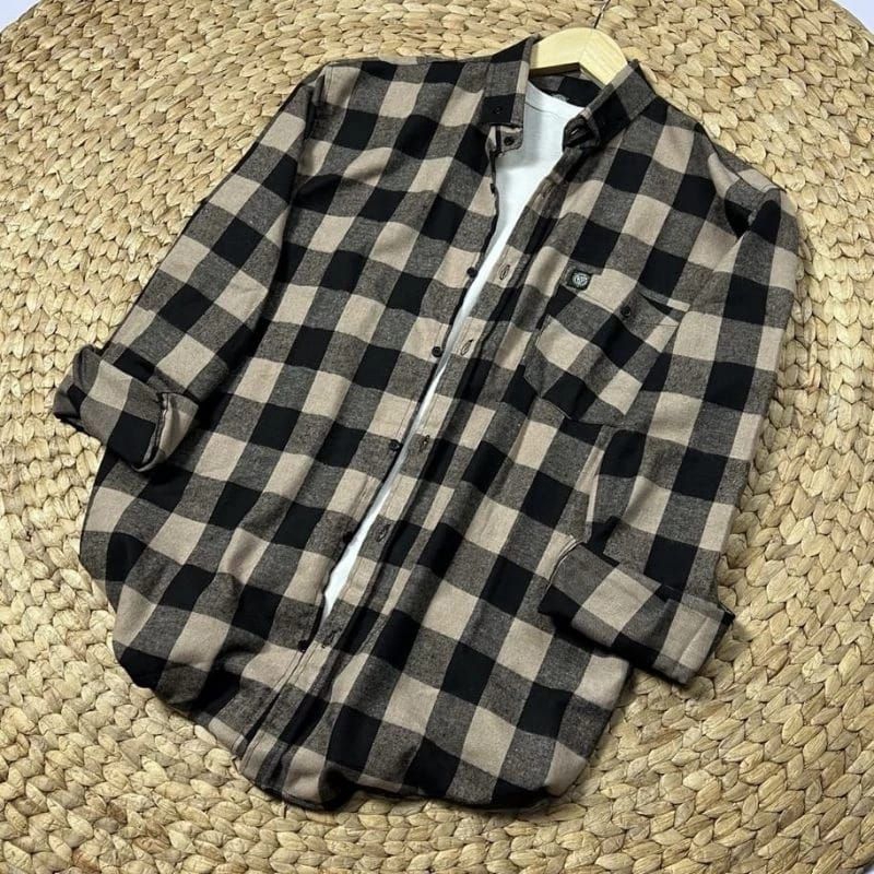 kemeja flanel catur cream lengan panjang pria wanita