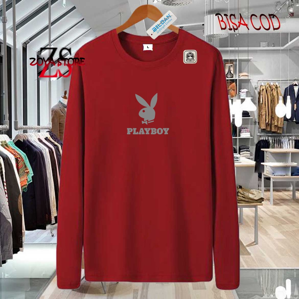 COD  Baju Kaos Distro Playboy Text Silver Premium Quality Kaos Cotton Combed 30s Lengan Panjang T-Sh