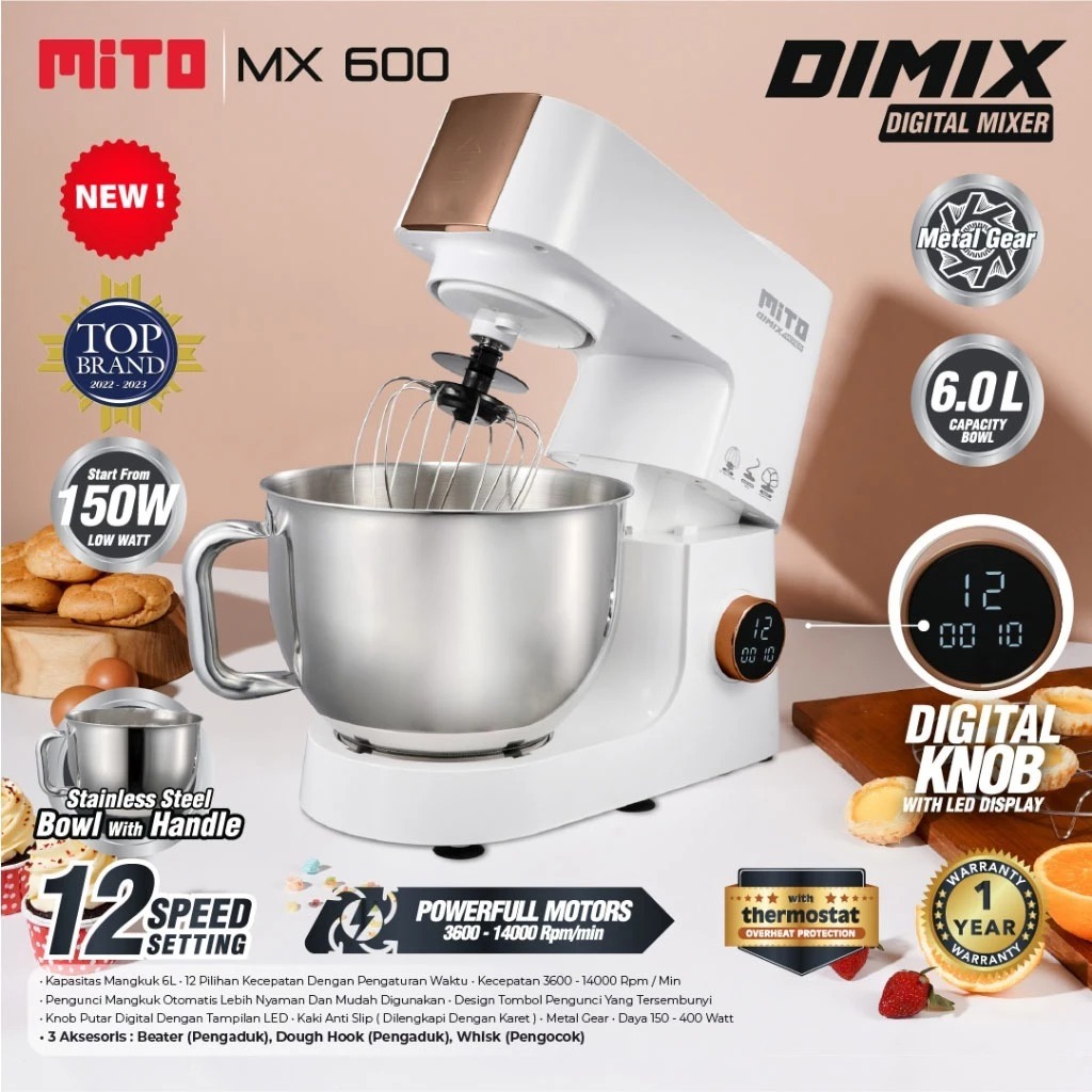 MITO MX600 Mixer Stand Kapasitas 6 Liter Pengaduk Adonan Kue Roti 6L 12 Kecepatan MX 600