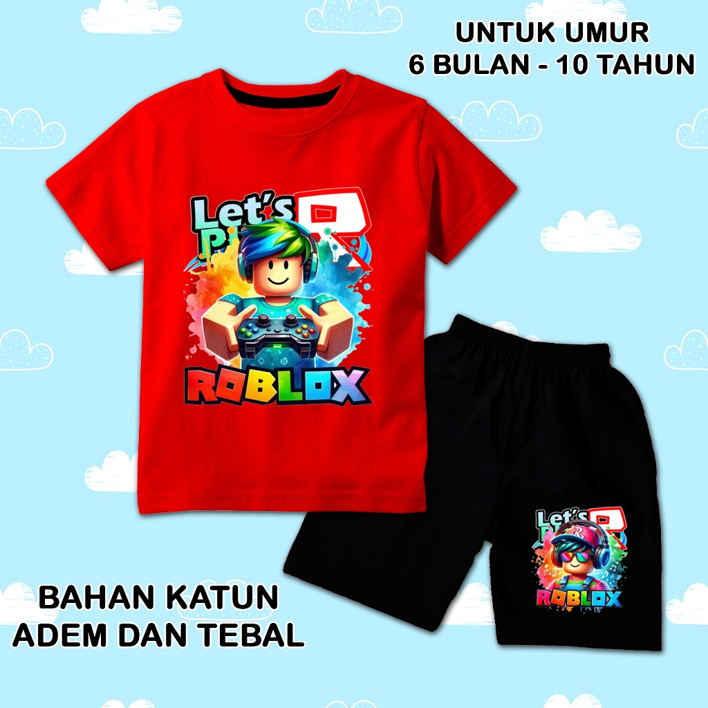 Setelan lengan pendek anak laki laki perempuan set baju kaos pendek anak roblox 2 dtf celana hitam