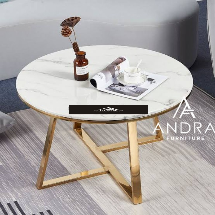 meja makan bulat kaki stainless gold